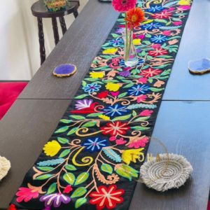 Black cotton Aari work embroidery table runner